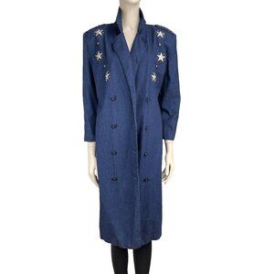 LUCILLE FAUCHER VTG 80’s 90’s Denim Trench Coat Midi Jacket Studded Embroided 10